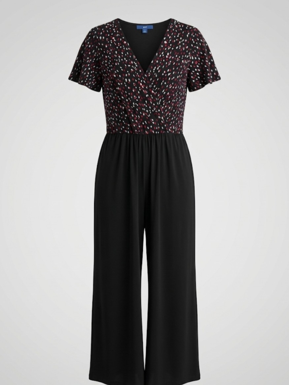 Apt. 9 Black Wide-Leg Jumpsuit with Burgundy & White Patterned Bodice Lg